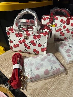 White and Red Cherry Print Crossbody Mini Bag with/ Matching Wallet